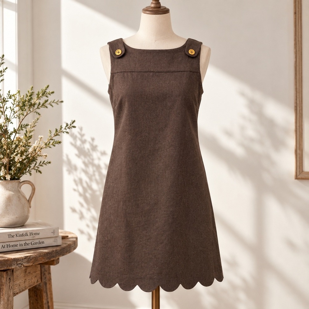 Vintage Lilly Pulitzer Old Money Brown Wool Shift Dress 6 Scalloped Hem Preppy